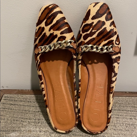 Olive Leopard Print Mules Flats Size7 Calf Hair Textured Upper Styled Clmfort - Picture 9 of 13
